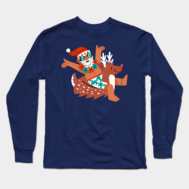 Santa Claus Deer Float Long Sleeve T-Shirt by Mako Design 